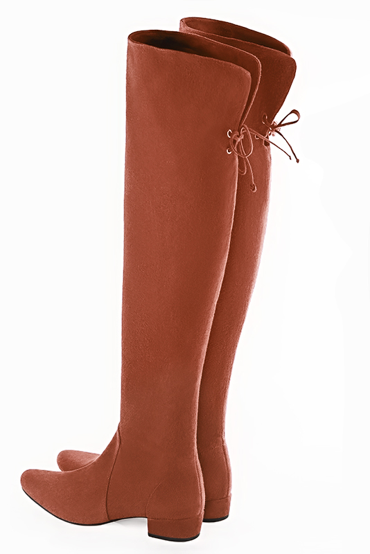 Terracotta orange women's leather thigh-high boots. Round toe. Low block heels. Made to measure. Rear view - Florence KOOIJMAN